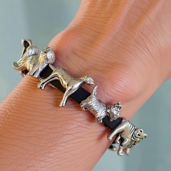 charms Jewelry - Charming Silver Tone Black Rubber Dog Slide Bracelet Bulldog Scottie Jewelry